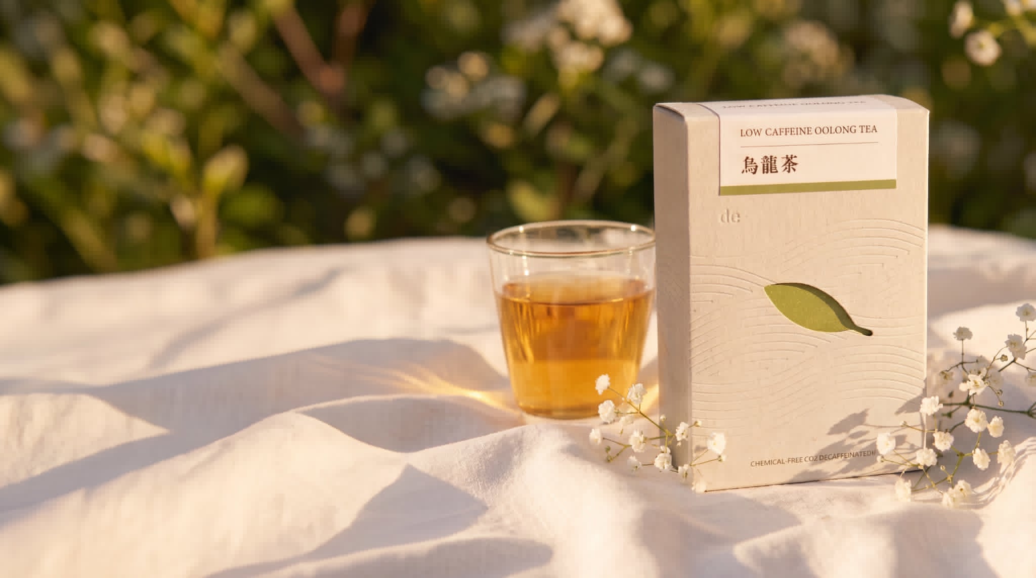 de- Low Caffeine Oolong Tea box beside a glass of tea in a sunlit garden