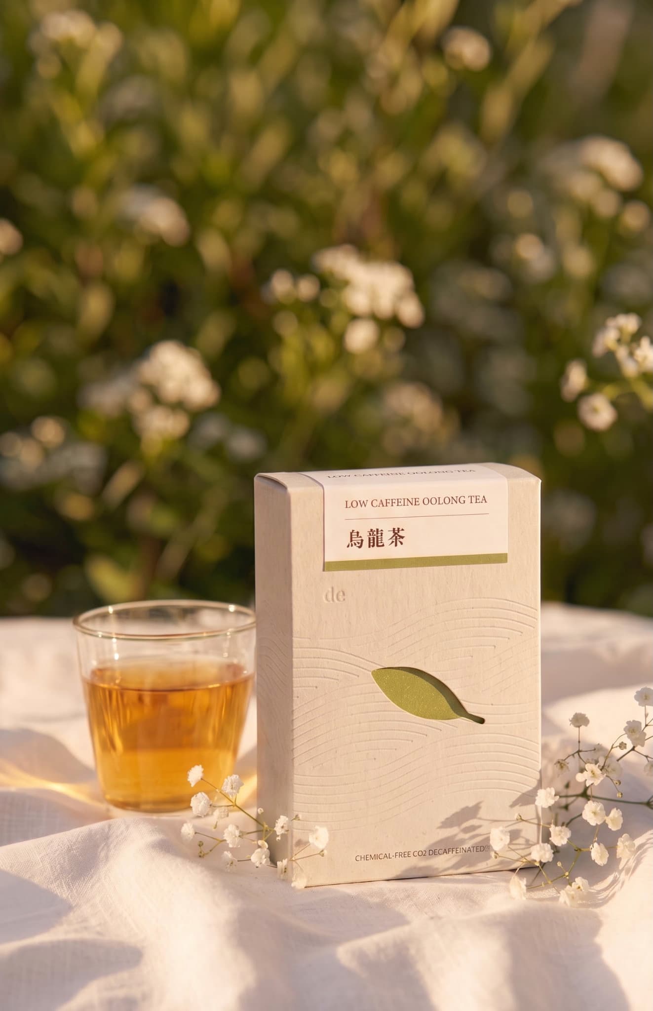 de- Low Caffeine Oolong Tea box beside a glass of tea in a sunlit garden